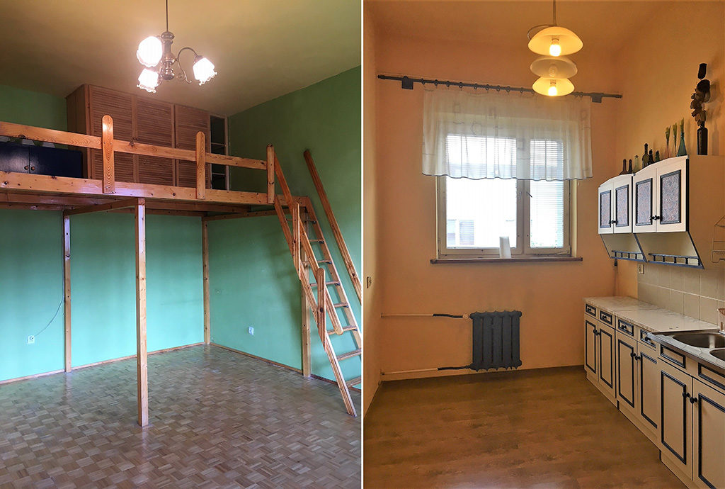 po lewej antresola, po prawej kuchnia w mieszkaniu we Wrocławiu (okolice) na sprzedaż