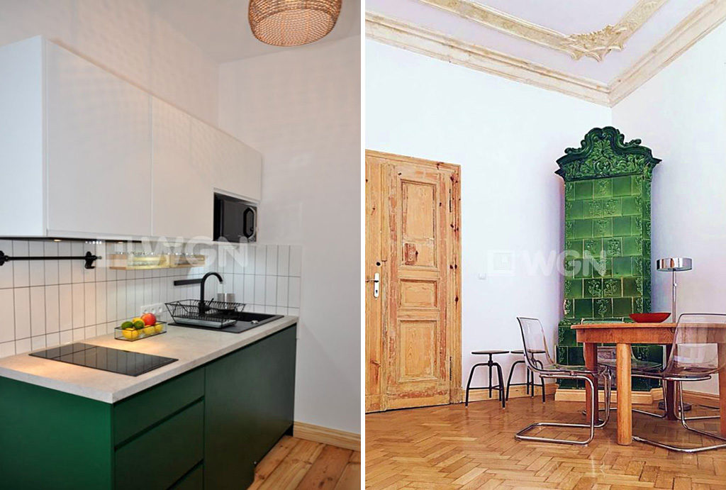 po lewej kuchnia, po prawej salon z kominkiem w mieszkaniu do wynajęcia Wrocław Śródmieście