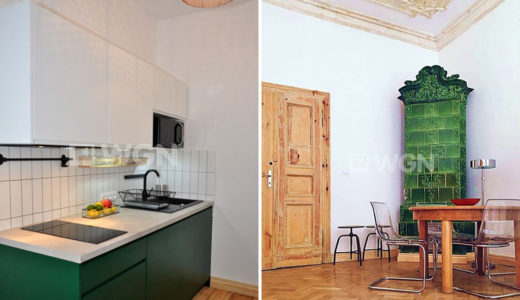 po lewej kuchnia, po prawej salon z kominkiem w mieszkaniu do wynajęcia Wrocław Śródmieście