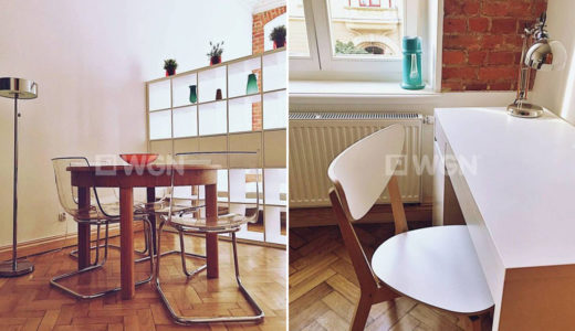 na zdjęciach kuchnia i salon z kominkiem w mieszkaniu do wynajmu Wrocław Śródmieście