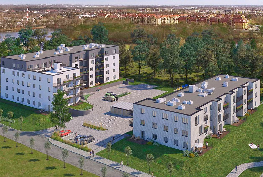 widok z lotu ptaka na osiedle, w którym usytuowane jest do sprzedaży mieszkanie Wrocław Leśnica 