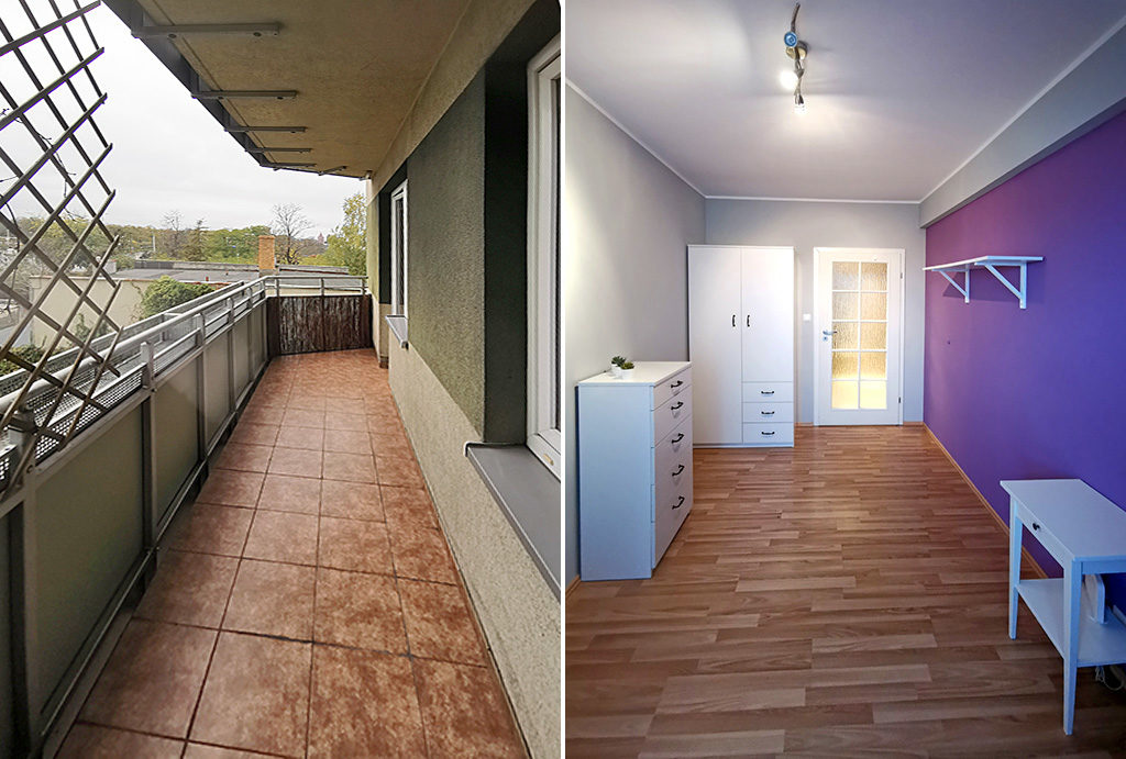 po lewej taras, po prawej wnętrze jednego z pokoi w mieszkaniu na wynajem Wrocław Krzyki