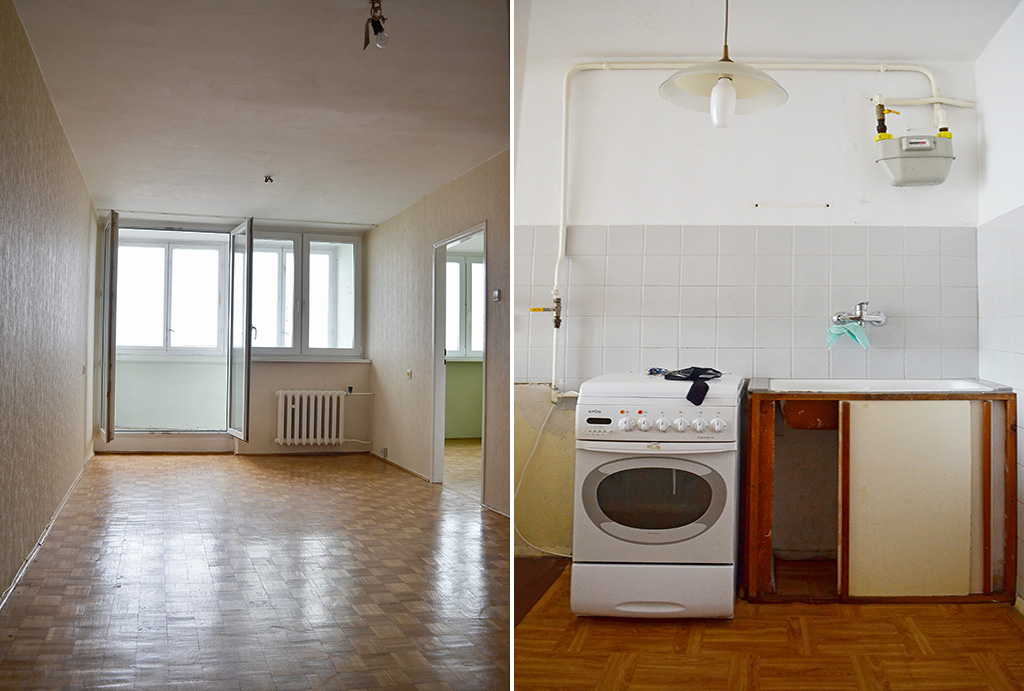 po lewej salon, po prawej kuchnia w mieszkaniu do sprzedaży Wrocław Krzyki