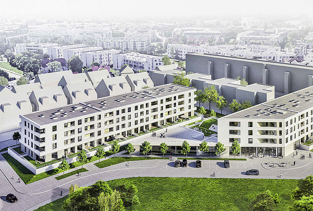zdjęcie z lotu ptaka pokazujące całe osiedle, na którym mieści się oferowane na sprzedaż mieszkanie Wrocław Krzyki