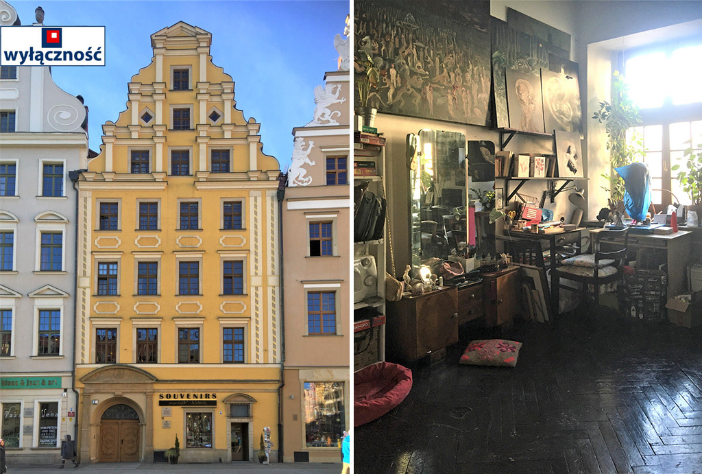 widok na salon oraz kamienicę, gdzie mieści się oferowane na sprzedaż mieszkanie Wrocław Stare Miasto