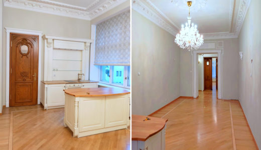 po lewej kuchnia, po prawej salon w mieszkaniu na sprzedaż klasyczne wnętrze mieszkania do sprzedaży Wrocław