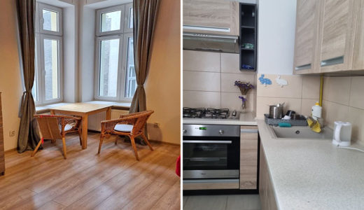 po lewej salon, po prawej kuchnia w mieszkaniu do wynajęcia Wrocław