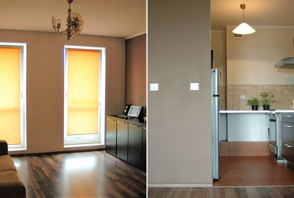 po lewej salon, po prawej kuchnia w mieszkaniu na sprzedaż Wrocław