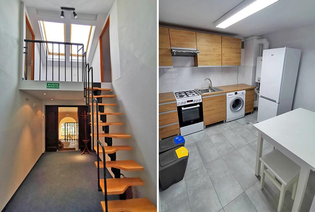 po lewej dwa poziomy wnętrza, po prawej kuchnia w mieszkaniu na sprzedaż Wrocław